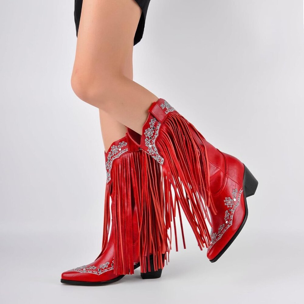 ⚡Women's Red Mid Calf Cowgirl Boot With Rivets Pull On Chunky Heel Embroidered - Picture 3 of 6
